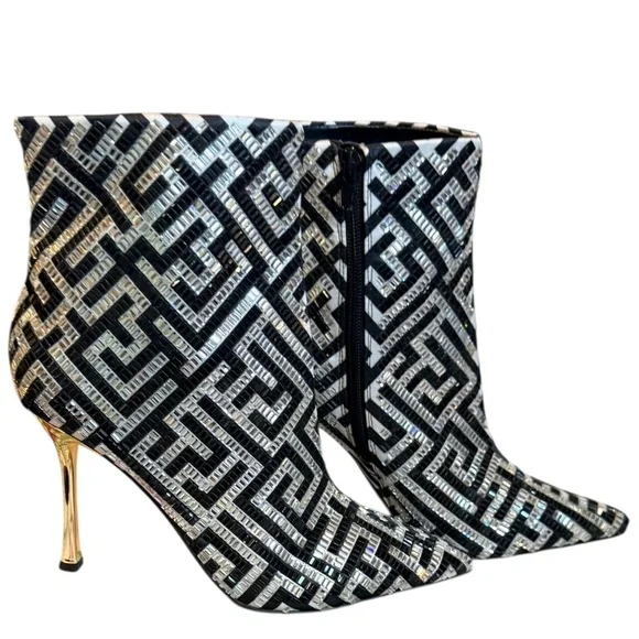 INC Black White Maze Rakima Sparkle Pointed Toe Gold Heeled Women's Boots 8 - Picture 7 of 9